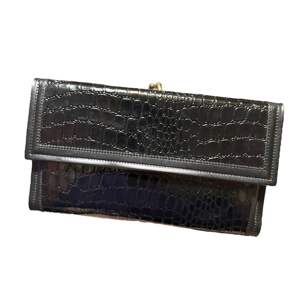 Vintage Black Embossed Shiny Clutch Handbag Wallet Kiss Lock - Picture 1 of 15